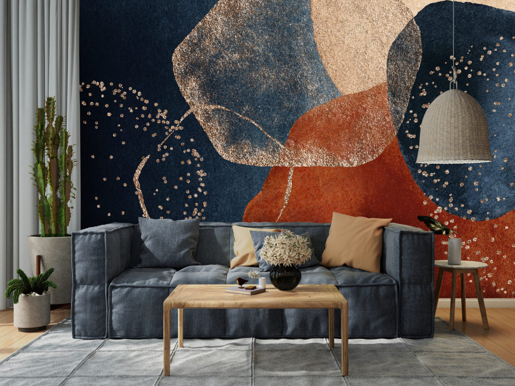Navy and Rust Boho Wallpaper : Abstract Gold Fleck Mural