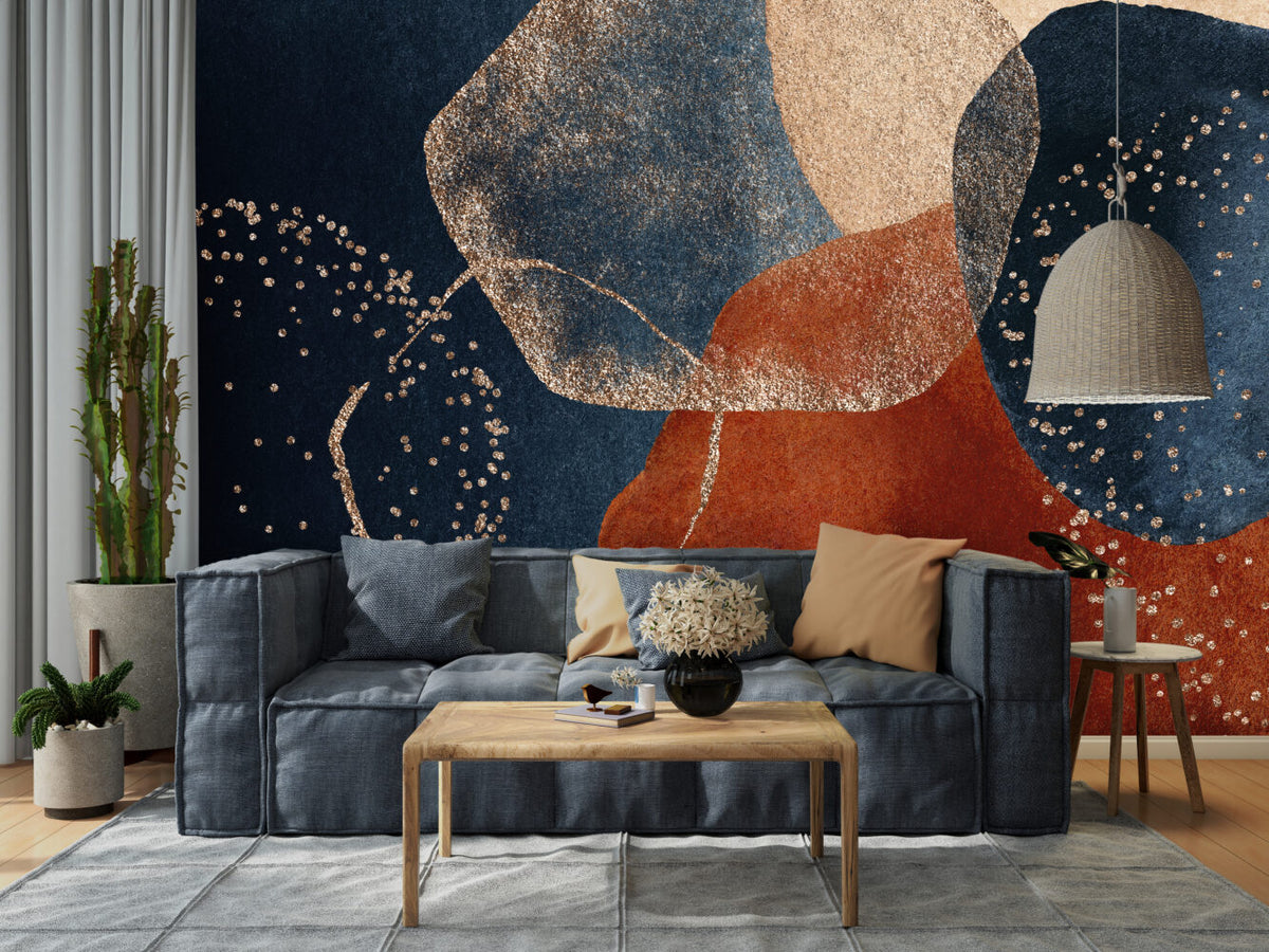 Navy and Rust Boho Wallpaper : Abstract Gold Fleck Mural