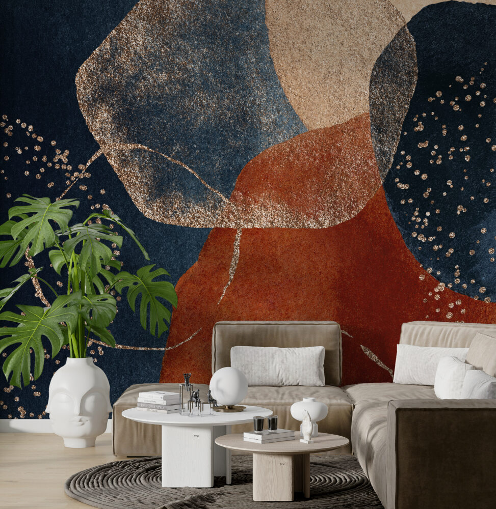 Navy and Rust Boho Wallpaper : Abstract Gold Fleck Mural - View 2