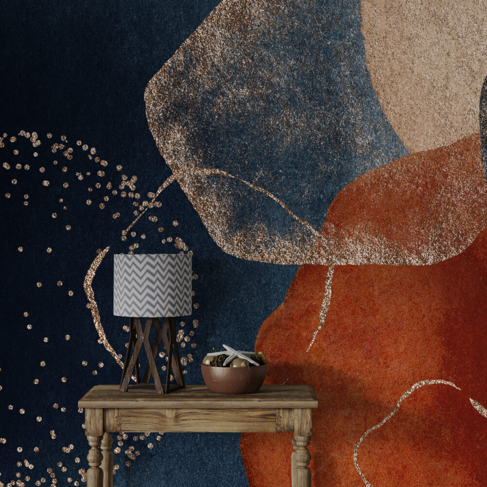 Navy and Rust Boho Wallpaper : Abstract Gold Fleck Mural - View 3