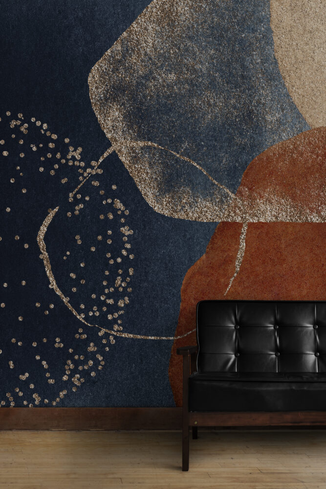 Navy and Rust Boho Wallpaper : Abstract Gold Fleck Mural - View 4