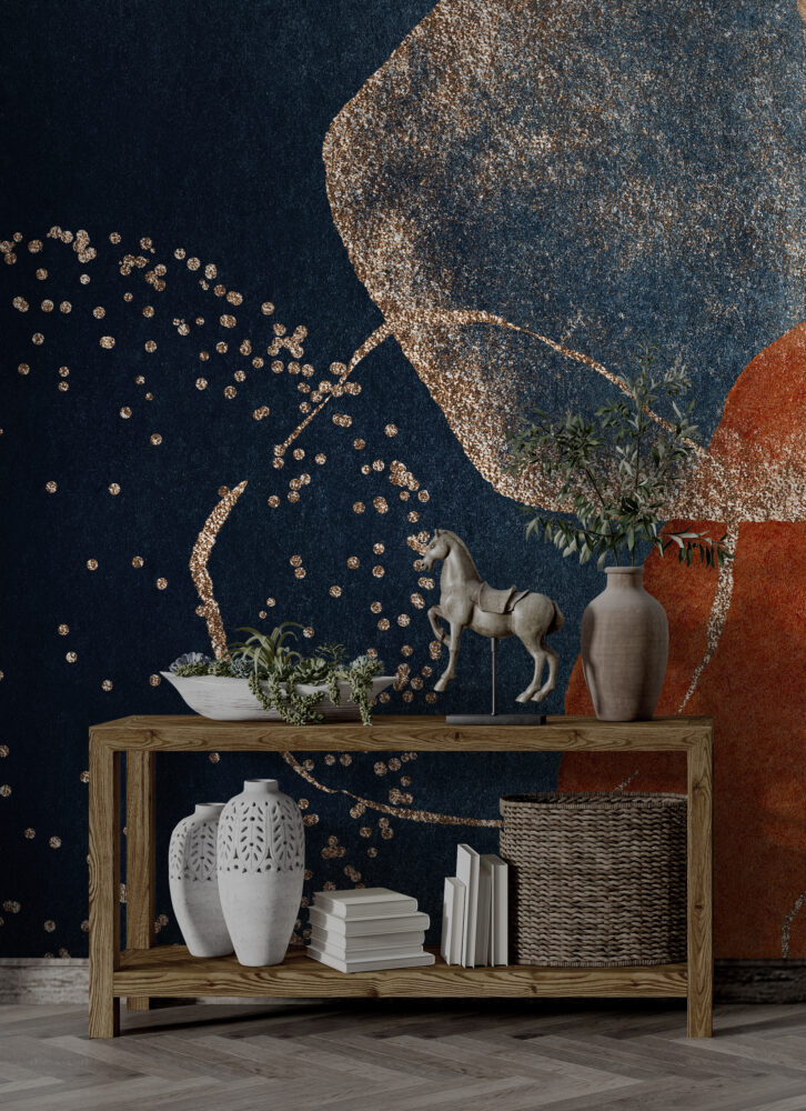 Navy and Rust Boho Wallpaper : Abstract Gold Fleck Mural - View 5