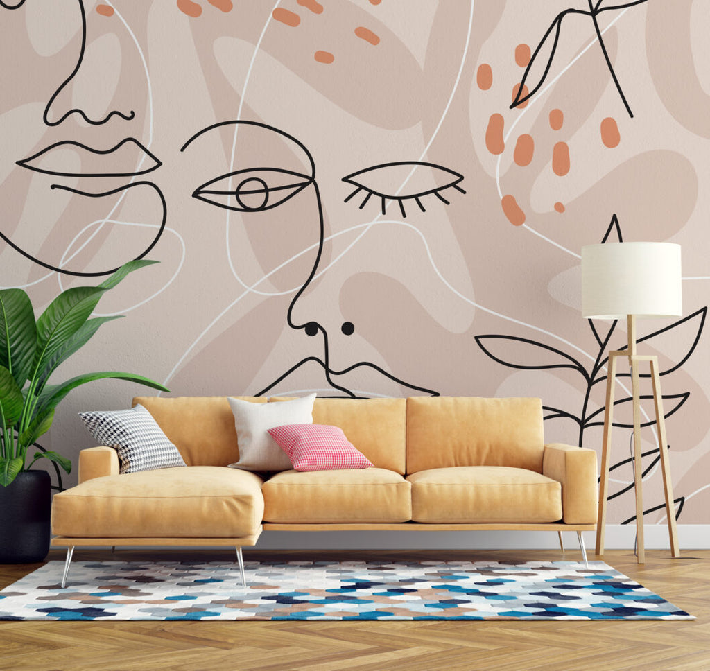 Boho Line Face Wallpaper : Blush Abstract Portrait Mural