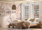 Boho Line Face Wallpaper : Blush Abstract Portrait Mural - View 2