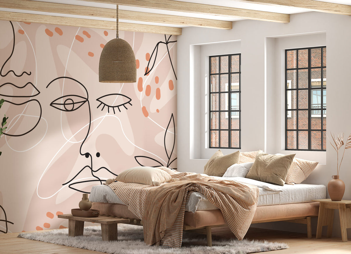 Boho Line Face Wallpaper : Blush Abstract Portrait Mural - View 2