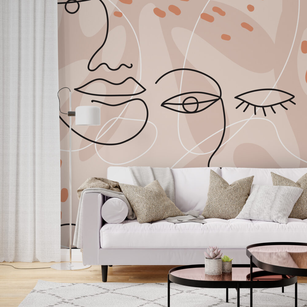 Boho Line Face Wallpaper : Blush Abstract Portrait Mural - View 3