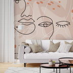 Boho Line Face Wallpaper : Blush Abstract Portrait Mural - View 3