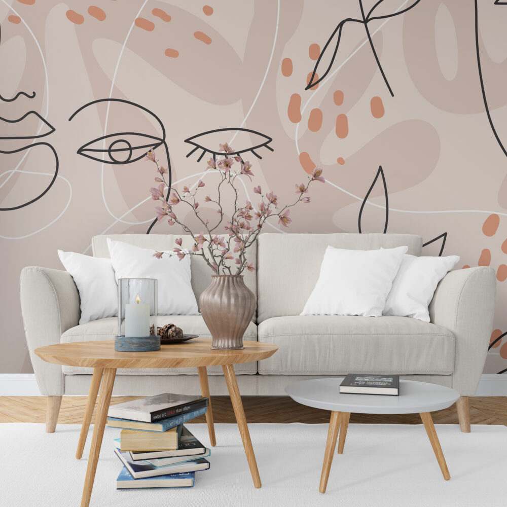 Boho Line Face Wallpaper : Blush Abstract Portrait Mural - View 4