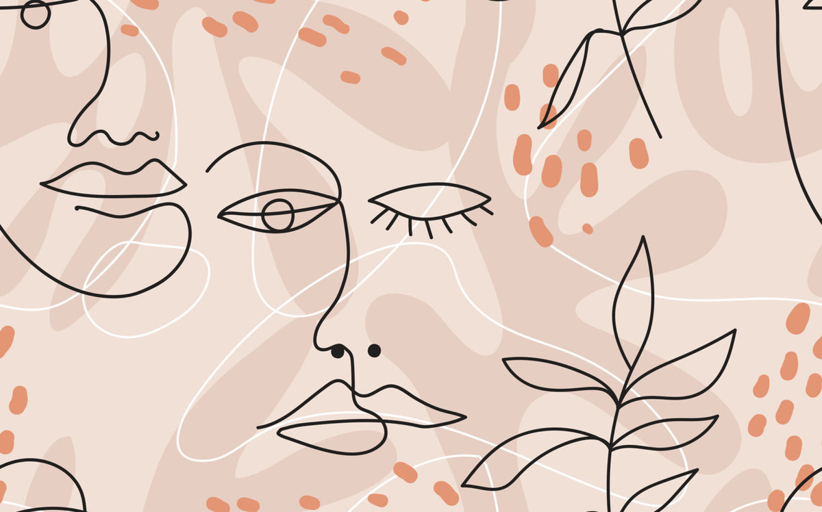 Boho Line Face Wallpaper : Blush Abstract Portrait Mural - flat design