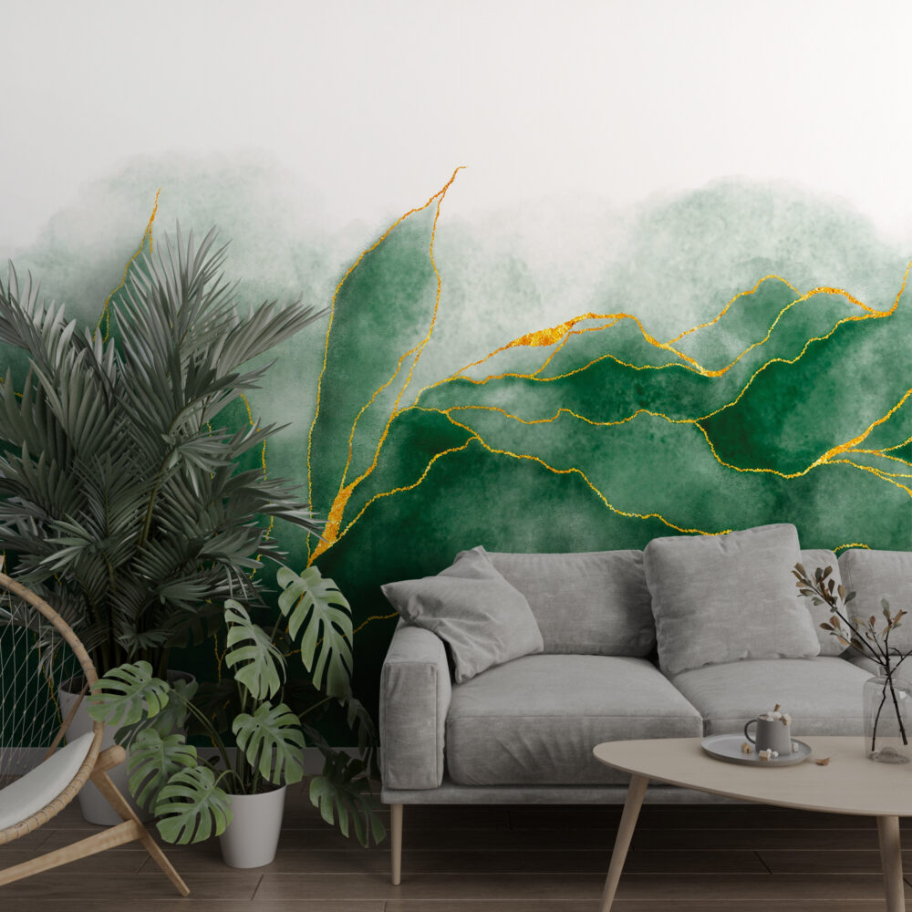 Green Watercolor Leaf Wallpaper : Gold Line Botanical Mural - View 2