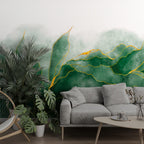 Green Watercolor Leaf Wallpaper : Gold Line Botanical Mural - View 2