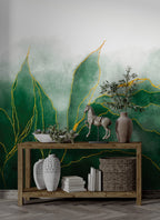 Green Watercolor Leaf Wallpaper : Gold Line Botanical Mural - View 3