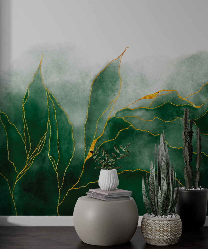 Green Watercolor Leaf Wallpaper : Gold Line Botanical Mural