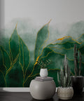 Green Watercolor Leaf Wallpaper : Gold Line Botanical Mural