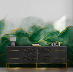 Green Watercolor Leaf Wallpaper : Gold Line Botanical Mural - View 4