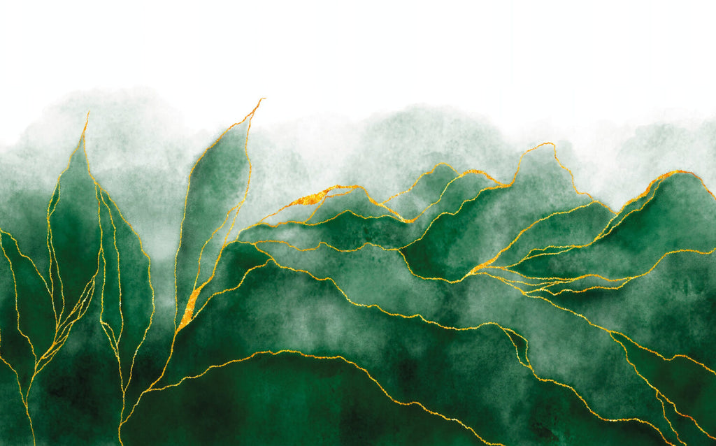 Green Watercolor Leaf Wallpaper : Gold Line Botanical Mural - flat design