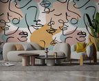 Abstract Face Line Art Wallpaper : Boho Faces Pattern Mural