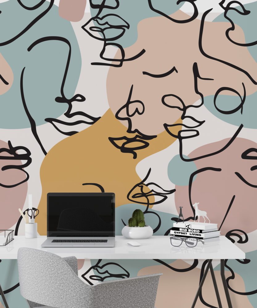 Abstract Face Line Art Wallpaper : Boho Faces Pattern Mural - View 3