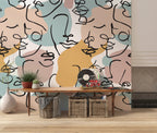 Abstract Face Line Art Wallpaper : Boho Faces Pattern Mural - View 4