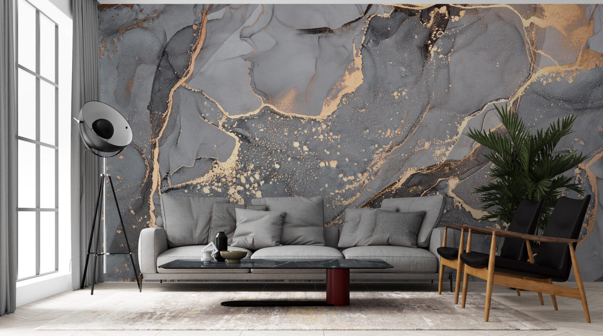 Grey and Gold Marble Wallpaper : Dark Ink with Gold Leaf Mural - View 3