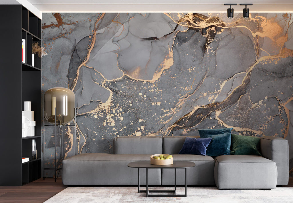Grey and Gold Marble Wallpaper : Dark Ink with Gold Leaf Mural