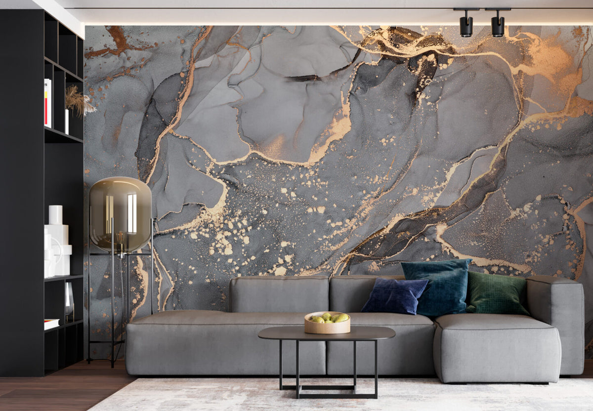 Grey and Gold Marble Wallpaper : Dark Ink with Gold Leaf Mural