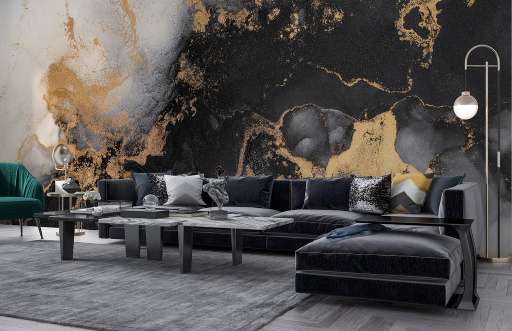 Black Gold Ink Wallpaper : Abstract Marble with Gold Mural - View 3