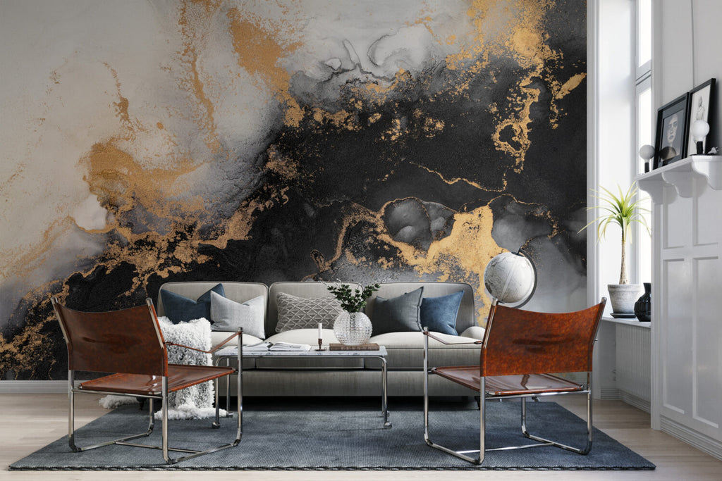 Black Gold Ink Wallpaper : Abstract Marble with Gold Mural - View 4