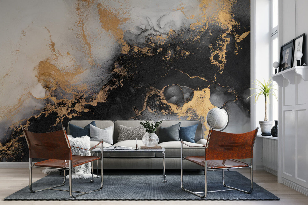 Black Gold Ink Wallpaper : Abstract Marble with Gold Mural - View 4