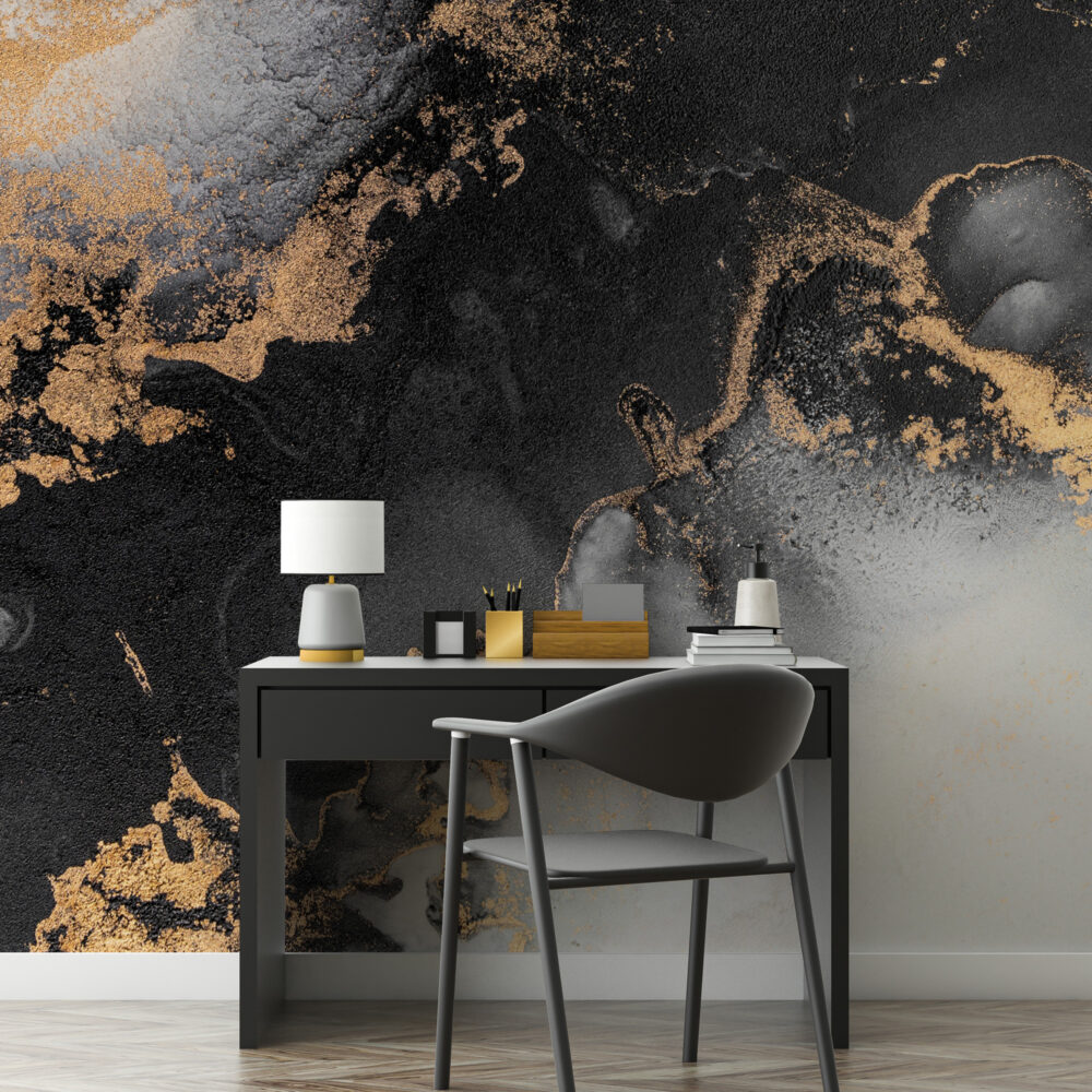 Black Gold Ink Wallpaper : Abstract Marble with Gold Mural