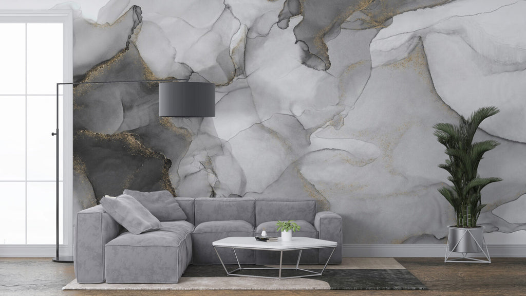 Grey Ink Marble Wallpaper : Soft Gold Dust Mural - View 3