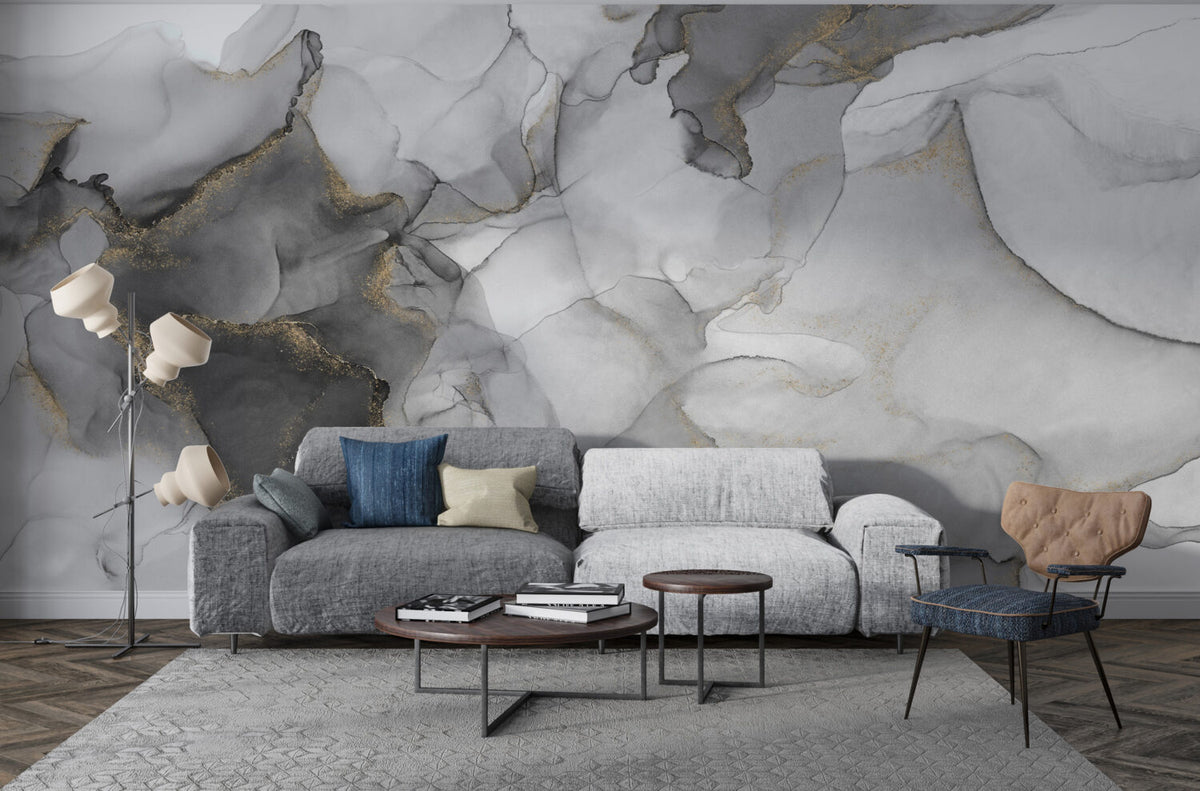 Grey Ink Marble Wallpaper : Soft Gold Dust Mural - View 4