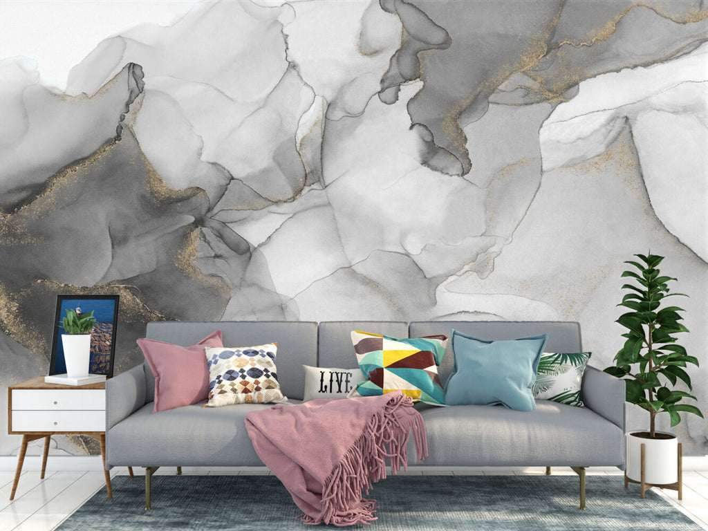 Grey Ink Marble Wallpaper : Soft Gold Dust Mural