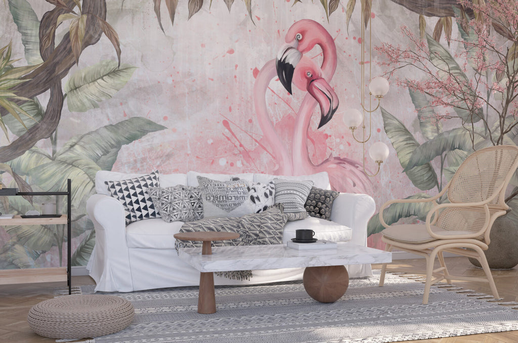 Flamingo Love Wallpaper : Pink Flamingos and Tropical Leaves Mural - View 2