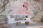 Flamingo Love Wallpaper : Pink Flamingos and Tropical Leaves Mural - View 2