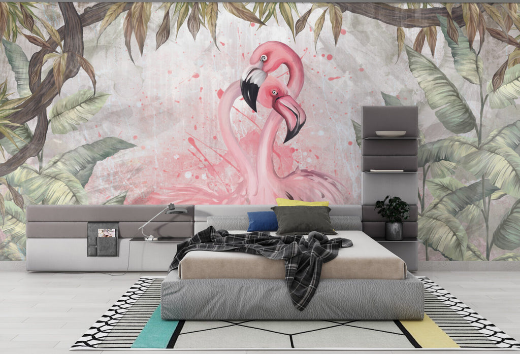 Flamingo Love Wallpaper : Pink Flamingos and Tropical Leaves Mural - View 3