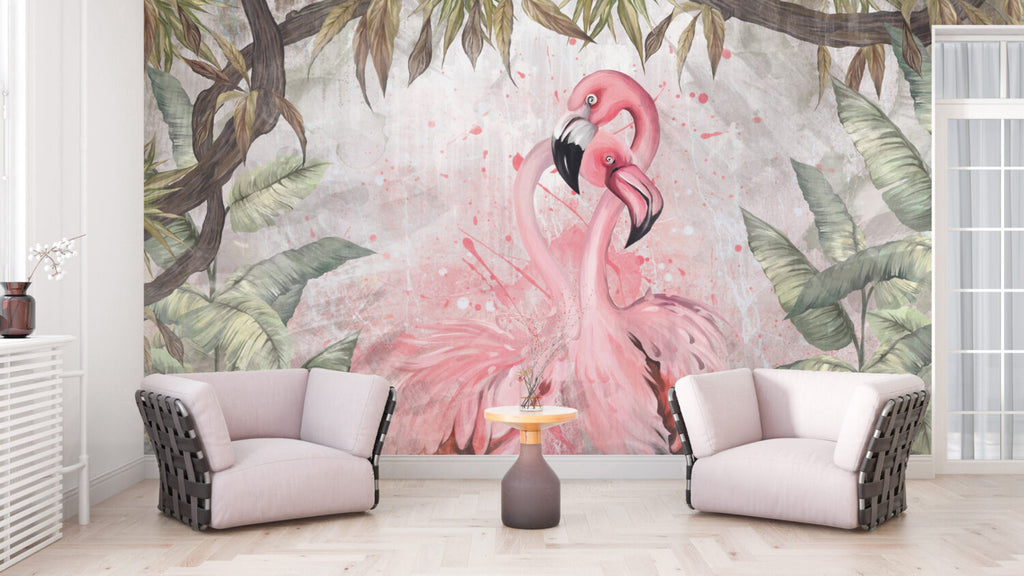 Flamingo Love Wallpaper : Pink Flamingos and Tropical Leaves Mural - View 4