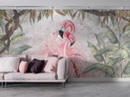 Flamingo Love Wallpaper : Pink Flamingos and Tropical Leaves Mural