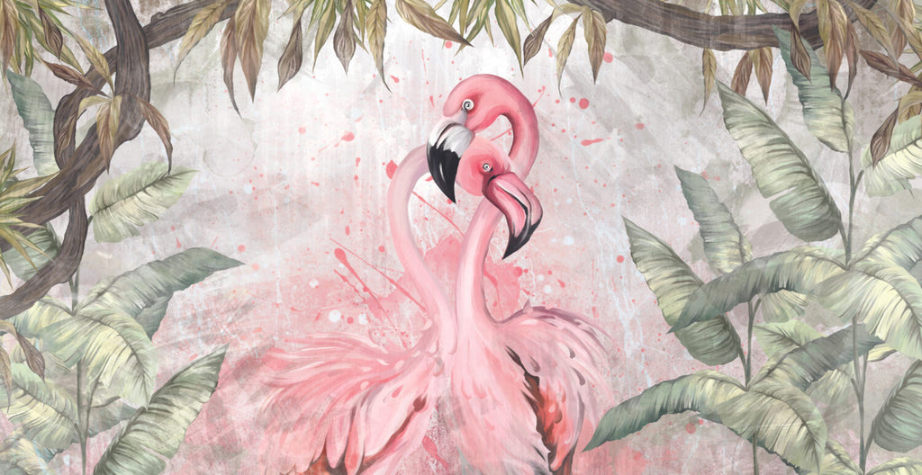 Flamingo Love Wallpaper : Pink Flamingos and Tropical Leaves Mural - flat design