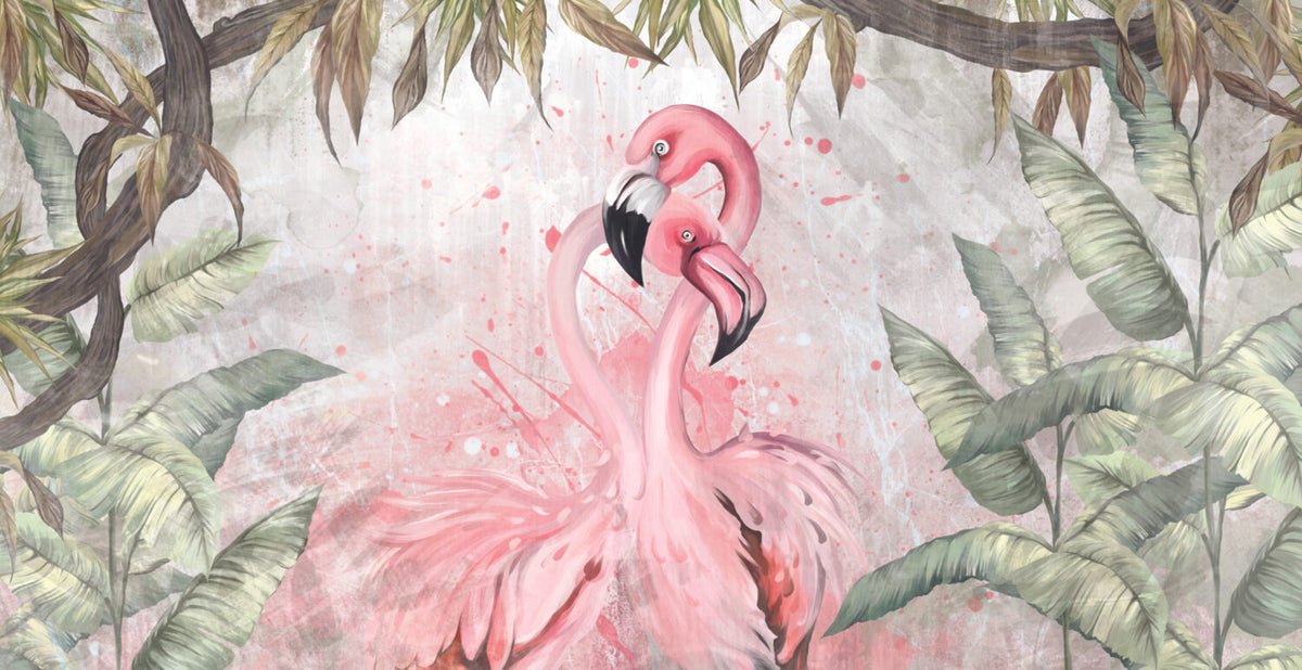 Flamingo Love Wallpaper : Pink Flamingos and Tropical Leaves Mural - flat design