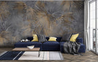 Dark Palm Leaf Wallpaper : Golden Fan Palms on Grey Mural - View 2