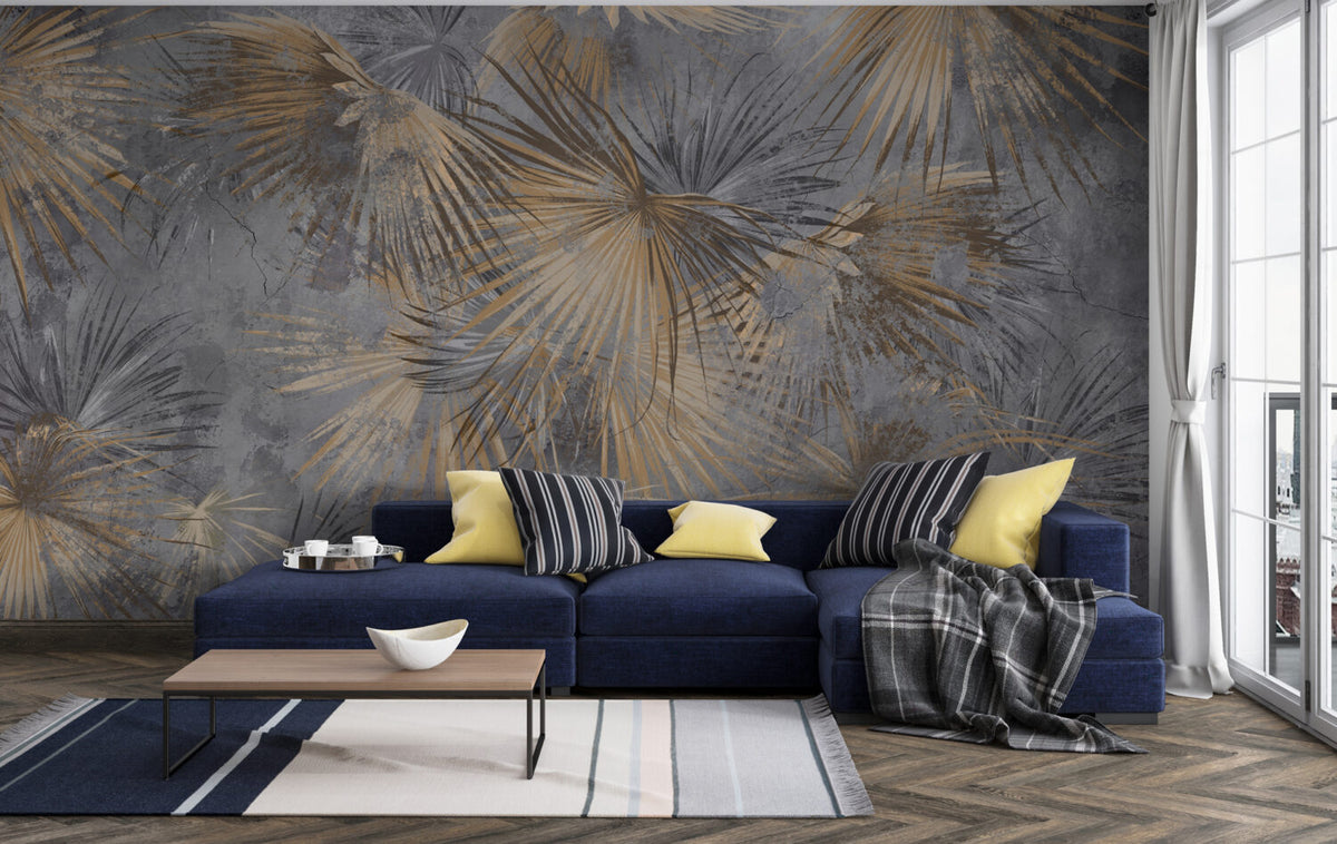 Dark Palm Leaf Wallpaper : Golden Fan Palms on Grey Mural - View 2