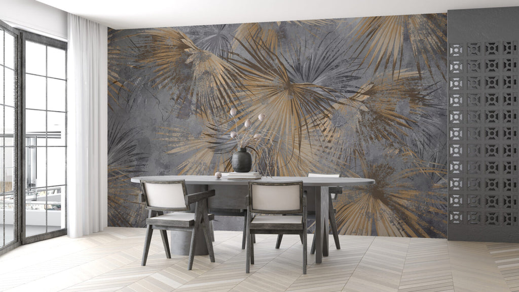 Dark Palm Leaf Wallpaper : Golden Fan Palms on Grey Mural - View 3