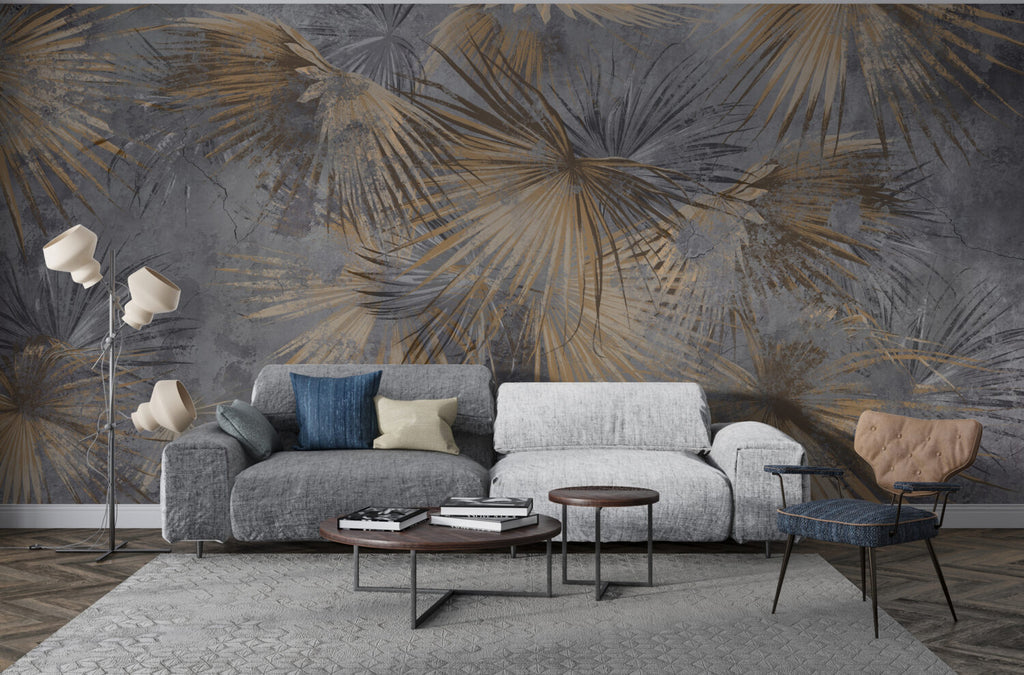 Dark Palm Leaf Wallpaper : Golden Fan Palms on Grey Mural - View 4