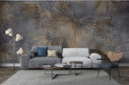 Dark Palm Leaf Wallpaper : Golden Fan Palms on Grey Mural - View 4