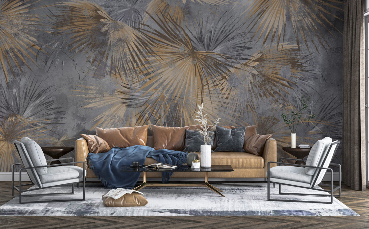 Dark Palm Leaf Wallpaper : Golden Fan Palms on Grey Mural