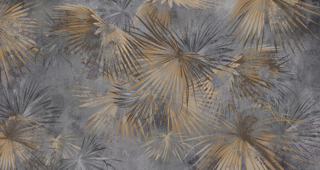 Dark Palm Leaf Wallpaper : Golden Fan Palms on Grey Mural - flat design