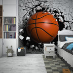 3D Basketball Wallpaper : Ball Breaking Through Wall Mural