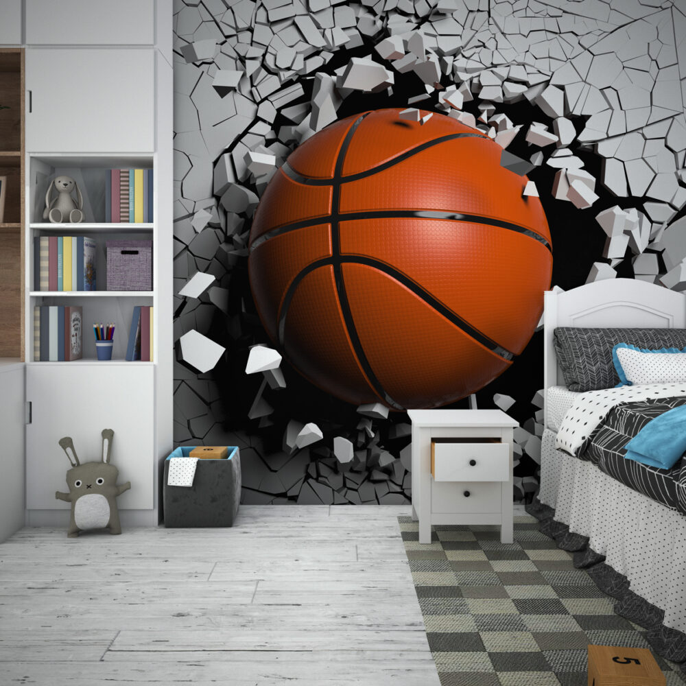 3D Basketball Wallpaper : Ball Breaking Through Wall Mural