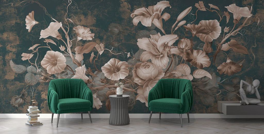 Vintage Lily and Rose Wallpaper : Blush Flowers on Teal Mural - View 2